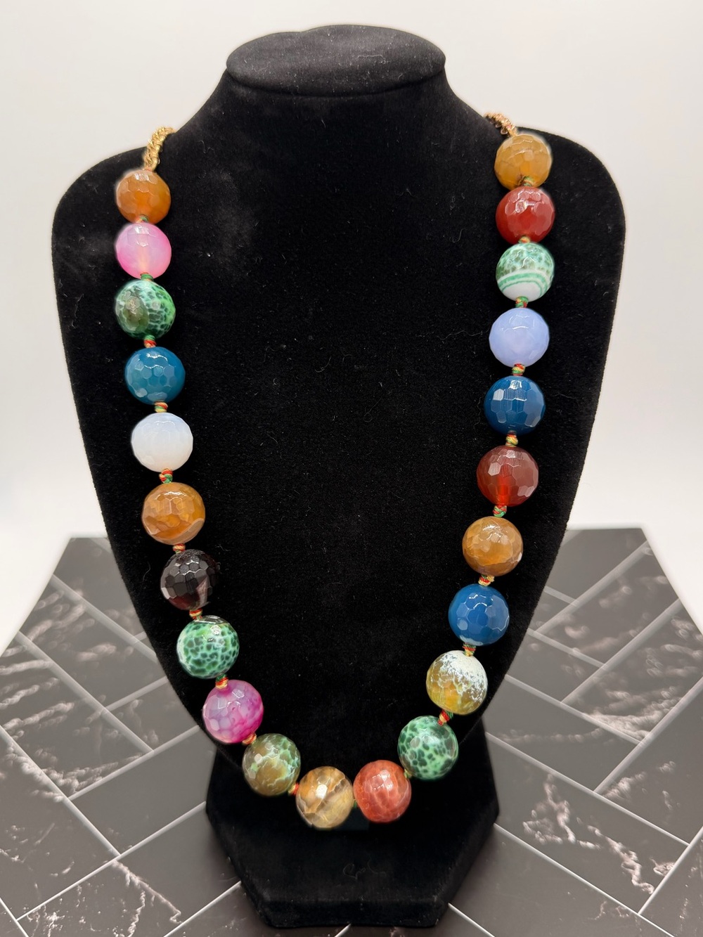 Kenneth Jay Lane Vintage Multicolor Agate Bead & Gold Tone Statement Necklace